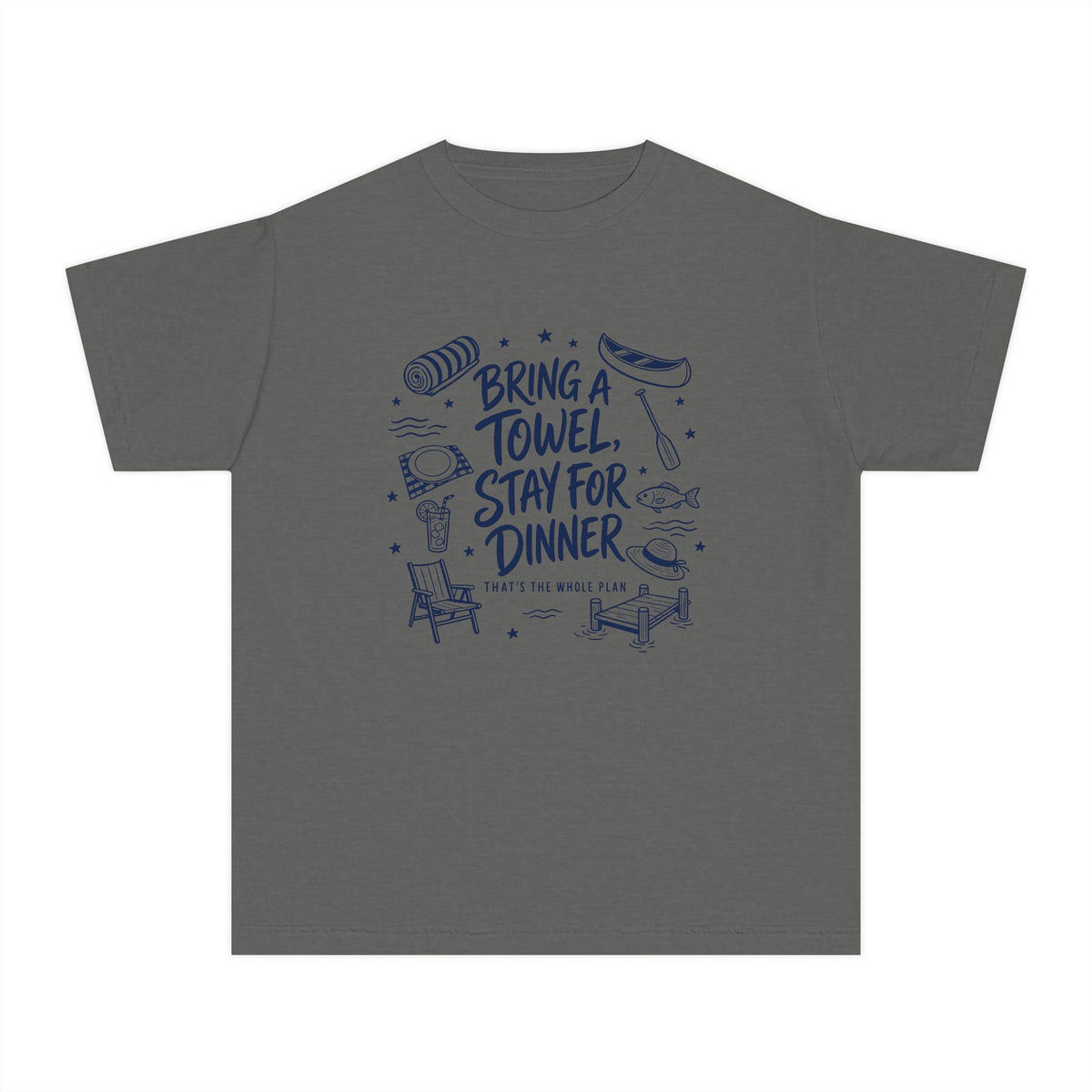 Bring a Towel Stay for Dinner Youth Tee – Kids' Comfort Colors Lake Vacation Shirt in Pepper – flat lay