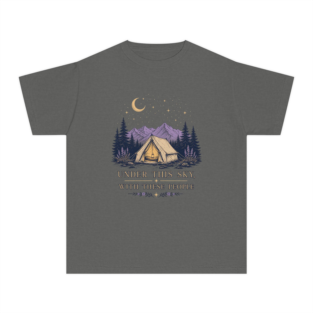 Under This Sky With These People Youth Tee – Kids' Comfort Colors Camping Shirt in Pepper – flat lay