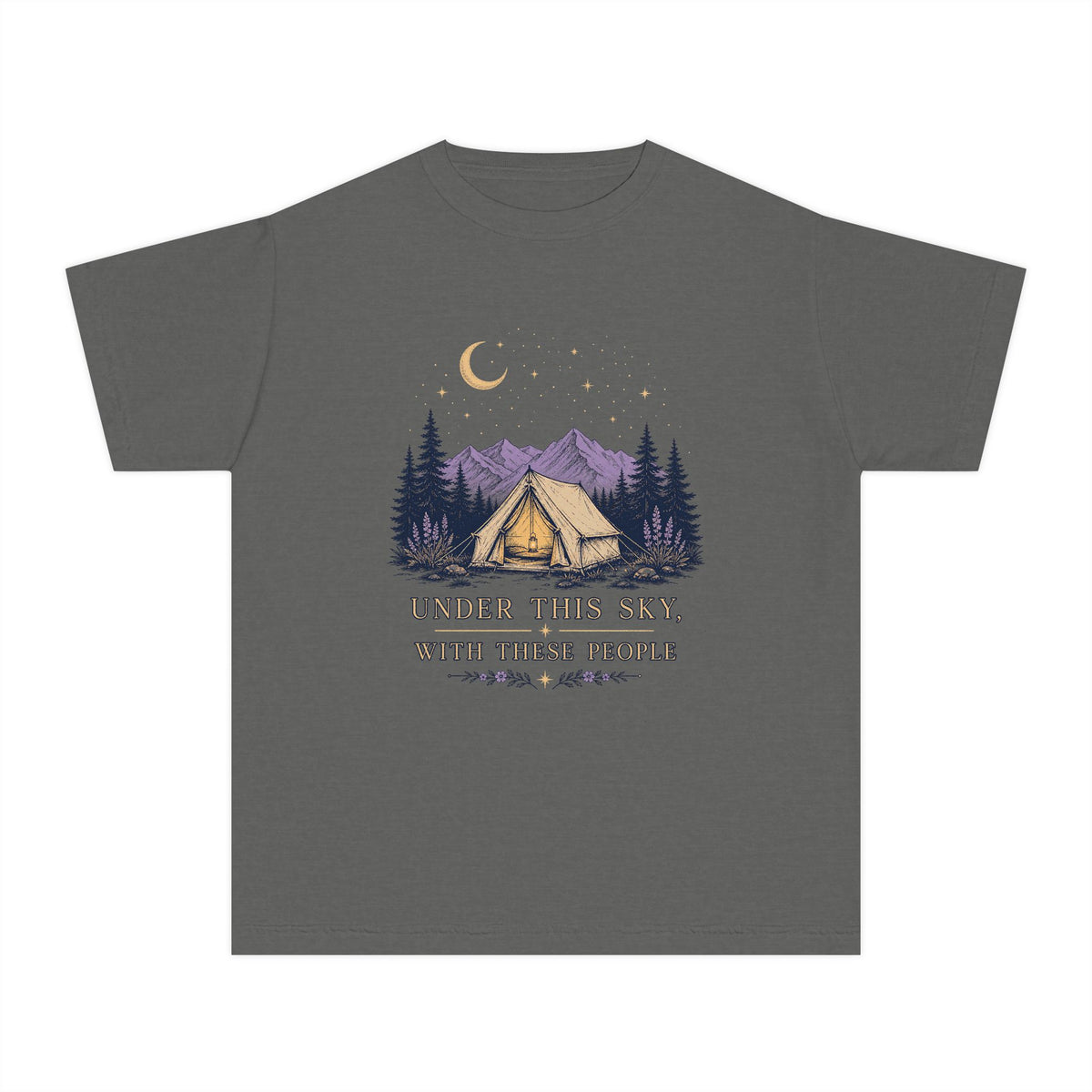 Under This Sky With These People Youth Tee – Kids' Comfort Colors Camping Shirt in Pepper – flat lay