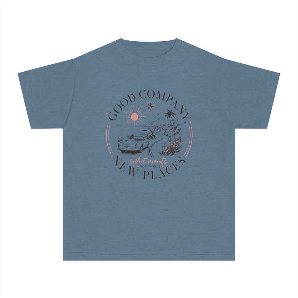 Good Company New Places Youth Tee – Kids' Comfort Colors Family Travel Shirt in Blue Jean – flat lay