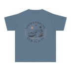 Good Company New Places Youth Tee – Kids' Comfort Colors Family Travel Shirt in Blue Jean – flat lay