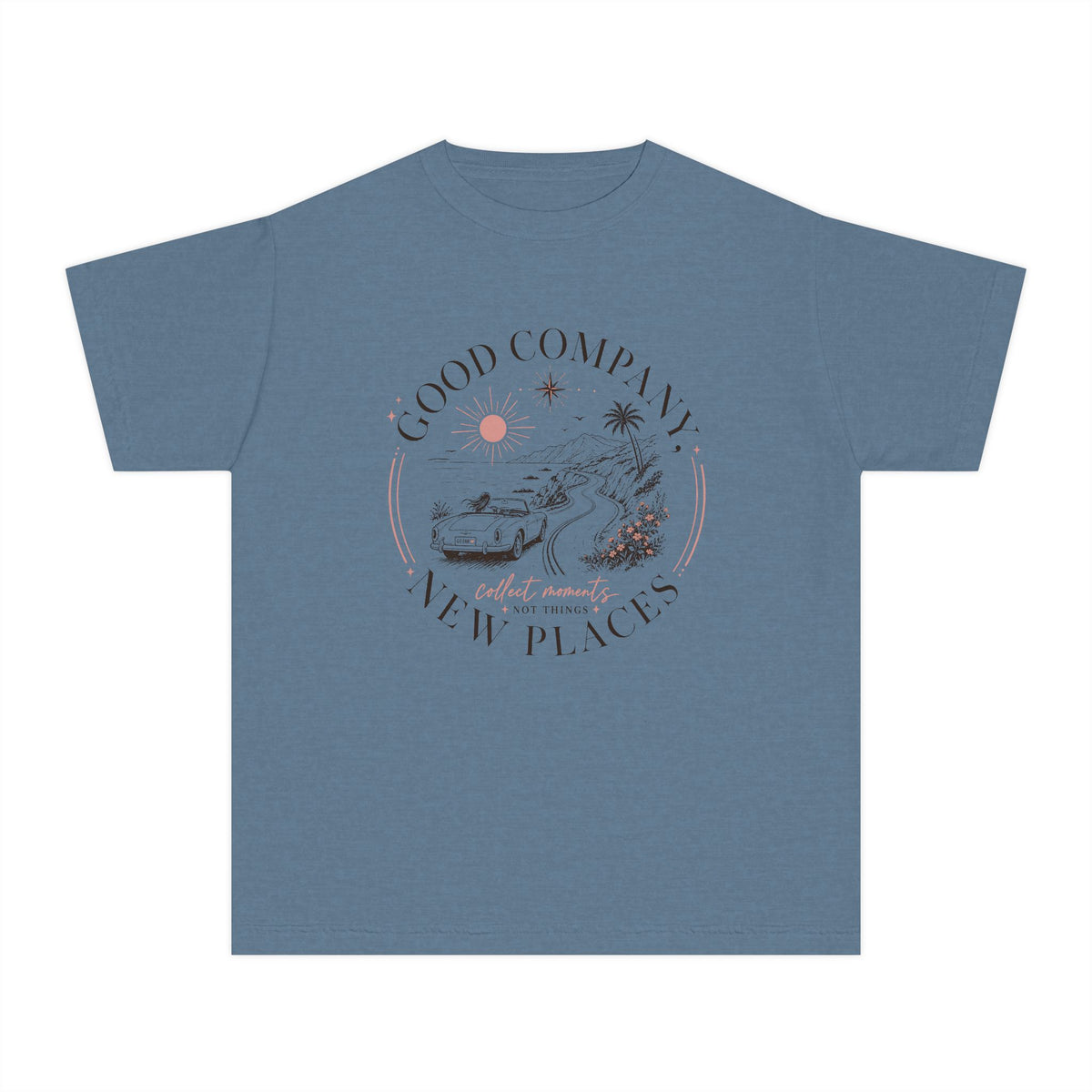 Good Company New Places Youth Tee – Kids' Comfort Colors Family Travel Shirt in Blue Jean – flat lay