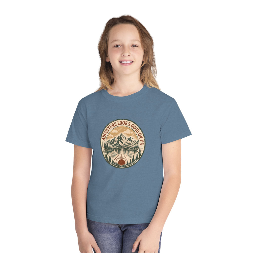 Adventure Looks Good On Us Youth Tee – Kids' Comfort Colors Mountain Travel Shirt – flat lay