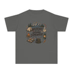 Weekends Are for Going Somewhere Youth Tee – Kids' Comfort Colors Camping Shirt in Pepper – flat lay