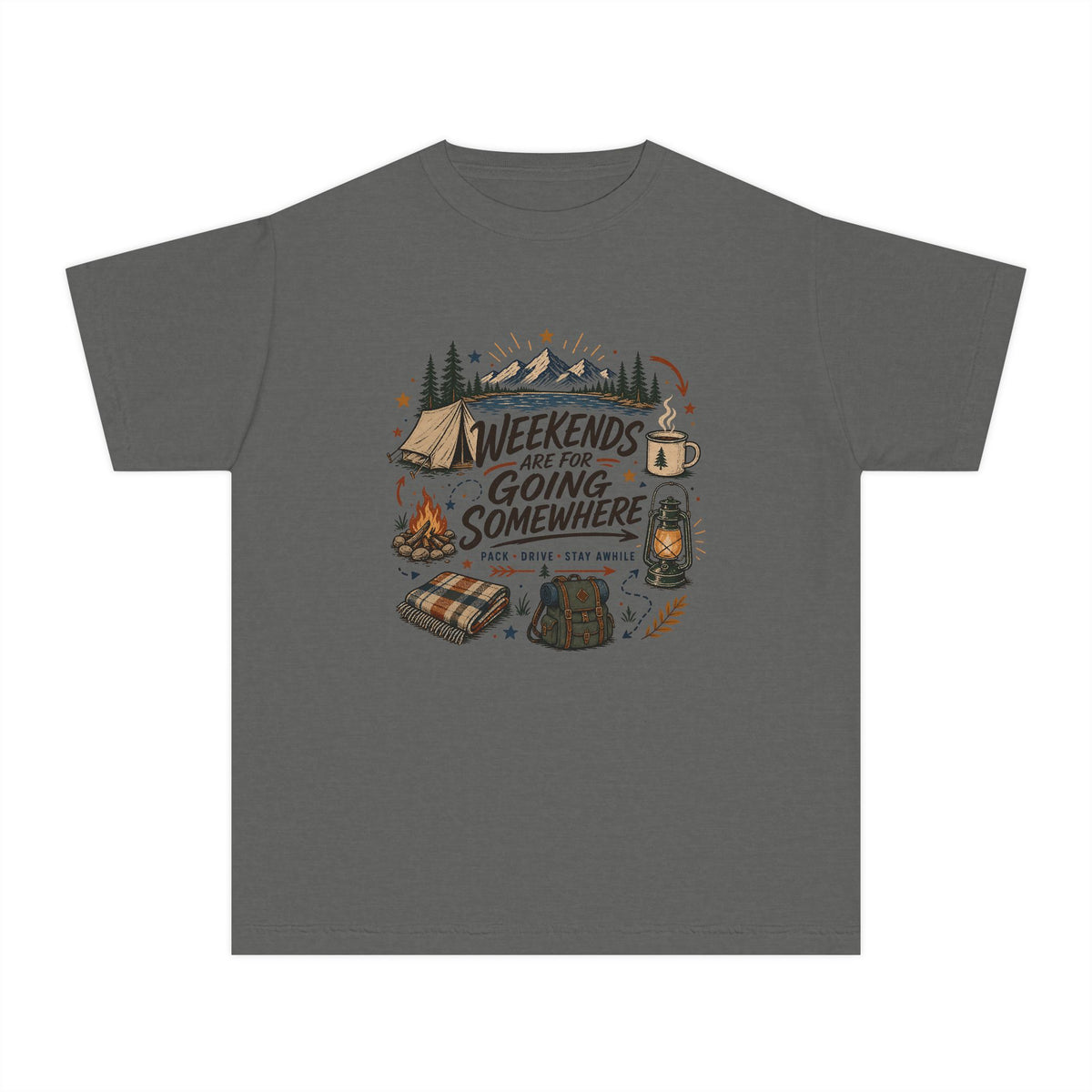 Weekends Are for Going Somewhere Youth Tee – Kids' Comfort Colors Camping Shirt in Pepper – flat lay