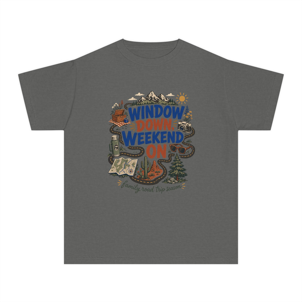 Window Down Weekend On Youth Tee – Kids' Comfort Colors Road Trip Shirt in Pepper – flat lay