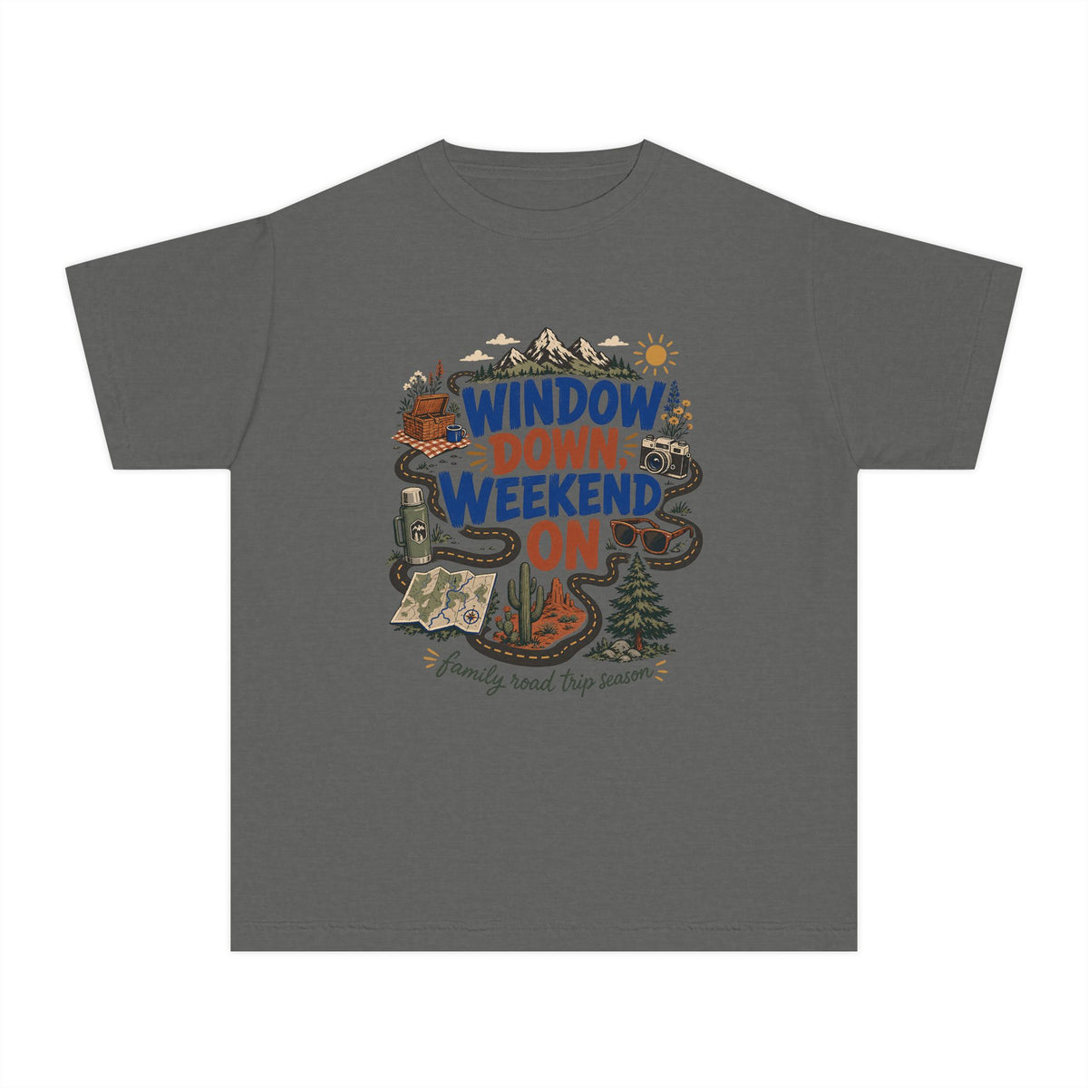 Window Down Weekend On Youth Tee – Kids' Comfort Colors Road Trip Shirt in Pepper – flat lay