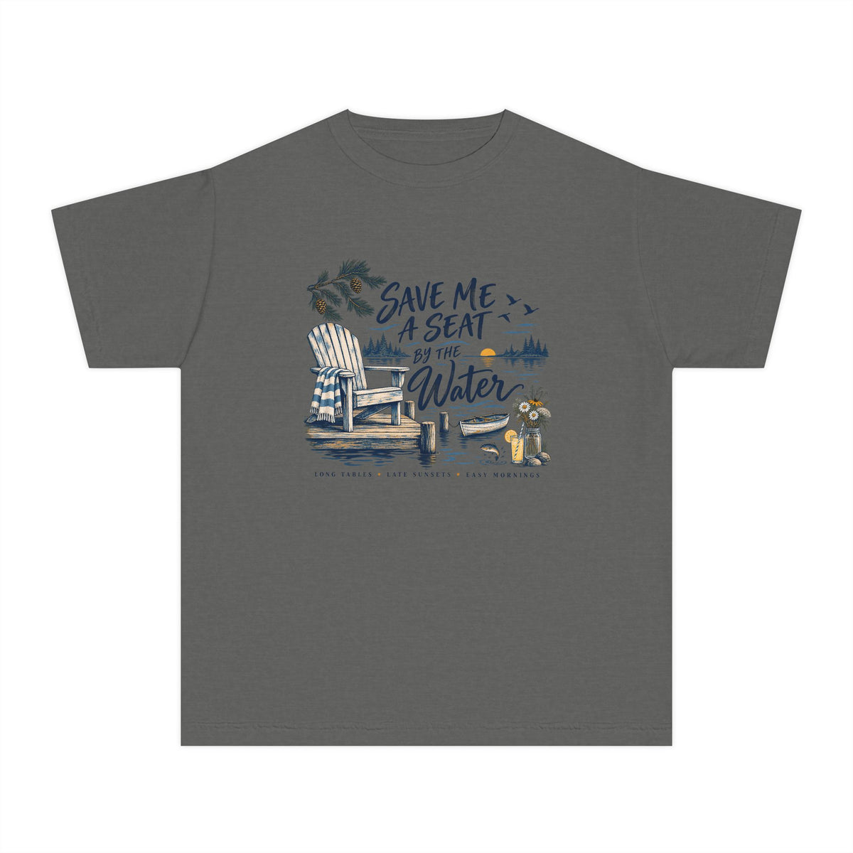 Save Me a Seat by the Water Youth Tee – Kids' Comfort Colors Lake Vacation Shirt in Pepper – flat lay