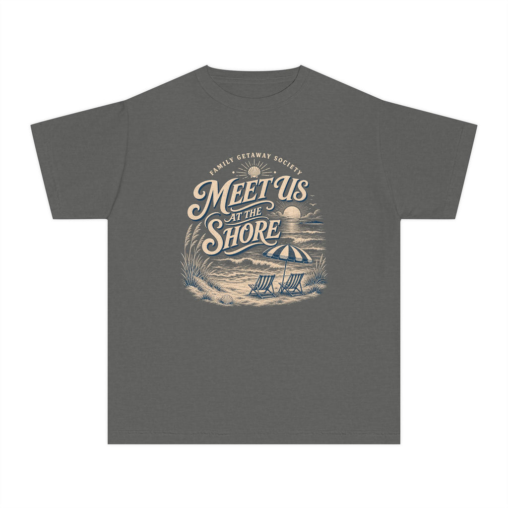 Meet Us at the Shore Youth Tee – Kids' Comfort Colors Beach Vacation Shirt in Pepper – flat lay