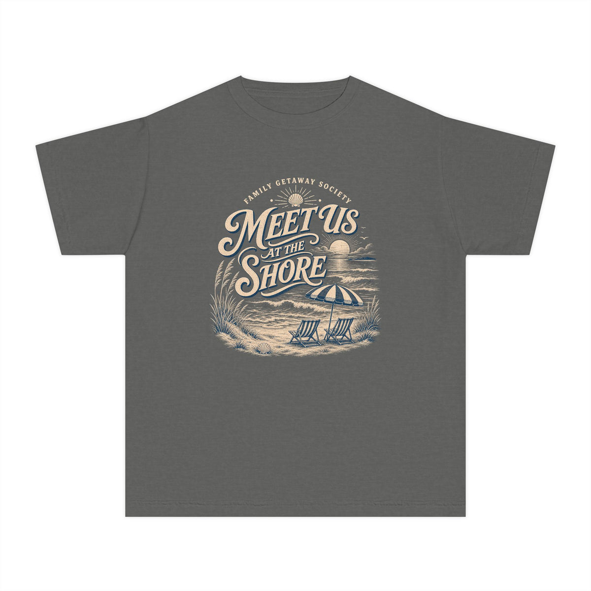Meet Us at the Shore Youth Tee – Kids' Comfort Colors Beach Vacation Shirt in Pepper – flat lay