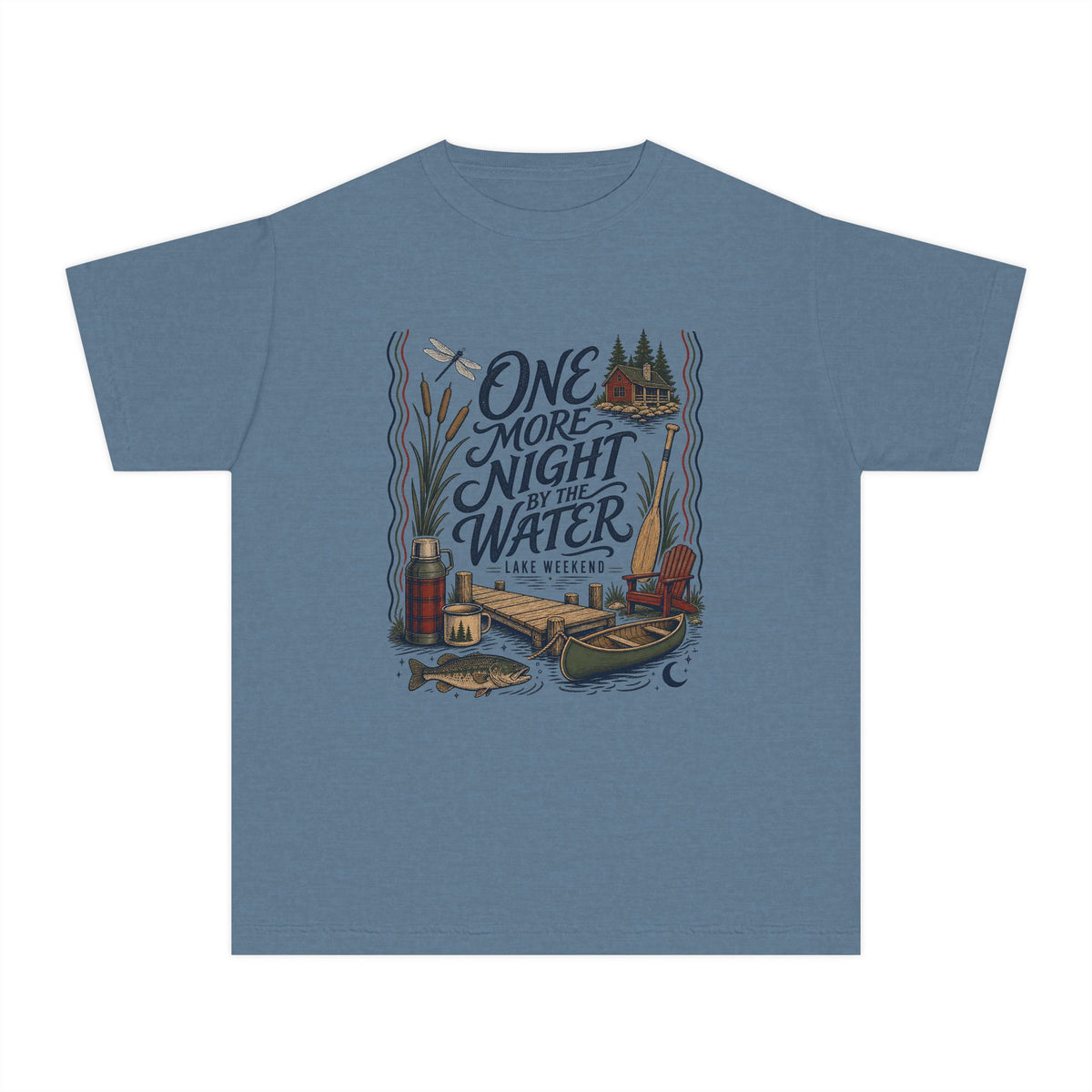 One More Night by the Water Youth Tee – Kids' Comfort Colors Lake Vacation Shirt in Blue Jean – flat lay