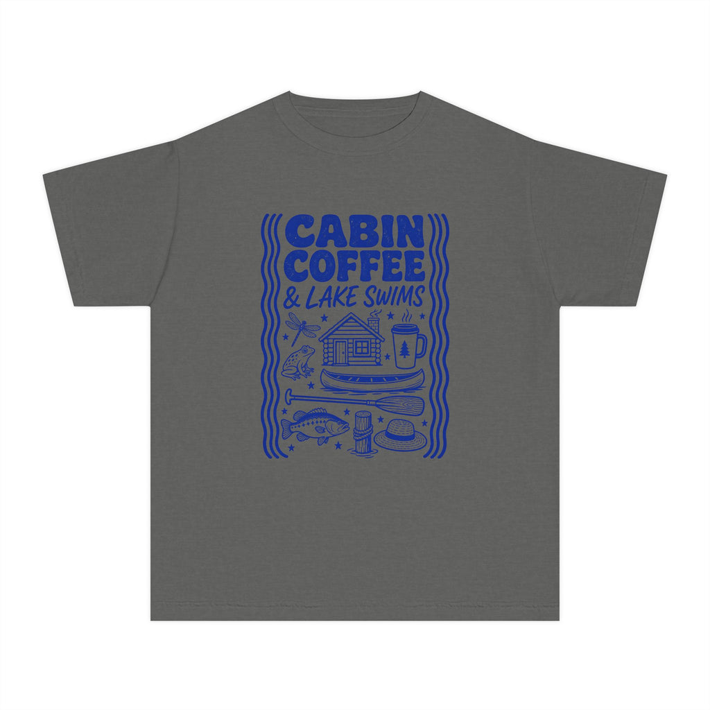 Cabin Coffee and Lake Swims Youth Tee – Kids' Comfort Colors Lake Vacation Shirt in Pepper – flat lay