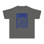 Cabin Coffee and Lake Swims Youth Tee – Kids' Comfort Colors Lake Vacation Shirt in Pepper – flat lay