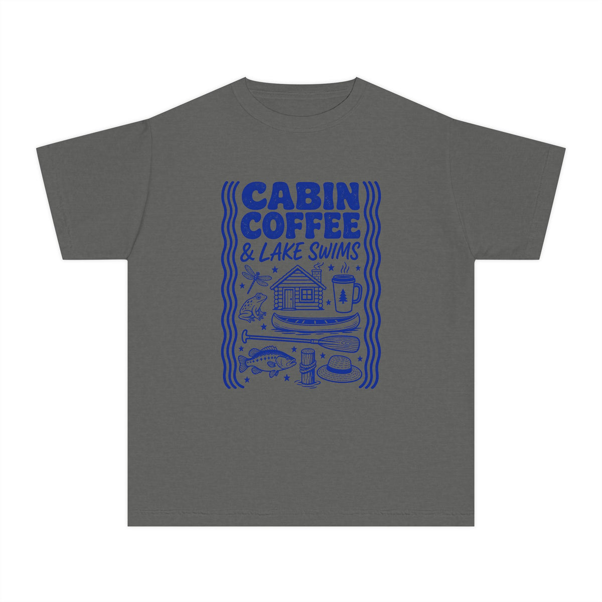 Cabin Coffee and Lake Swims Youth Tee – Kids' Comfort Colors Lake Vacation Shirt in Pepper – flat lay