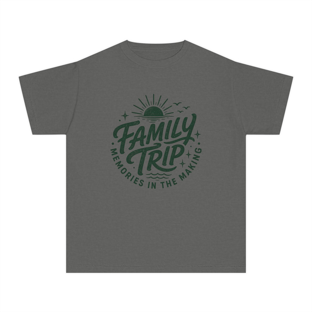 Family Trip Memories in the Making Youth Tee – Kids' Comfort Colors Family Getaway Shirt in Pepper – flat lay