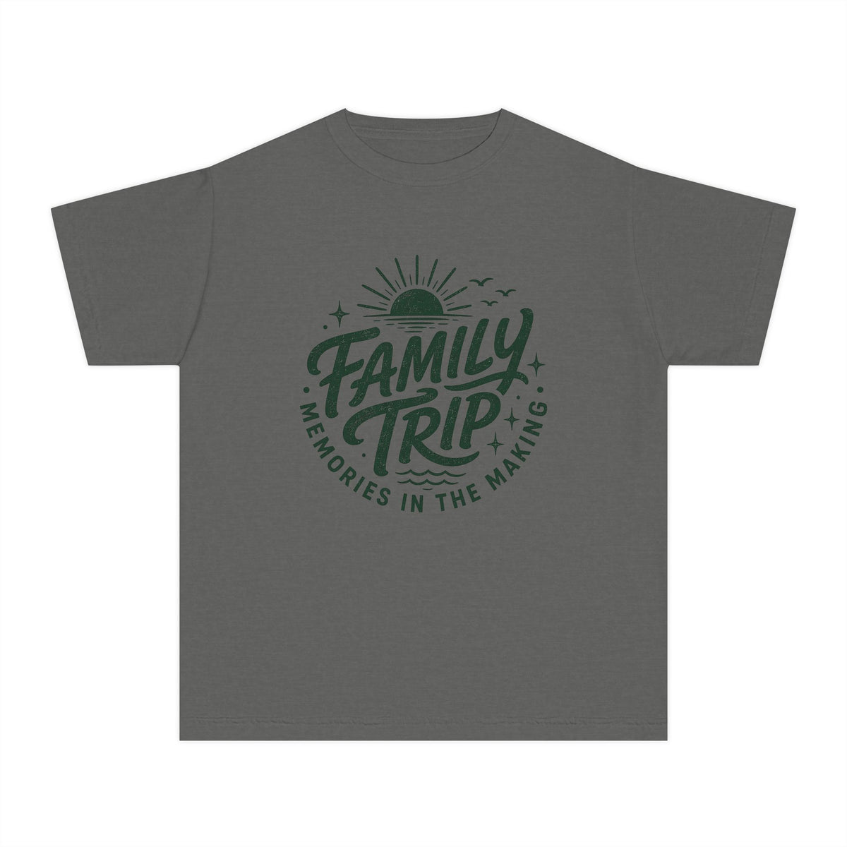 Family Trip Memories in the Making Youth Tee – Kids' Comfort Colors Family Getaway Shirt in Pepper – flat lay