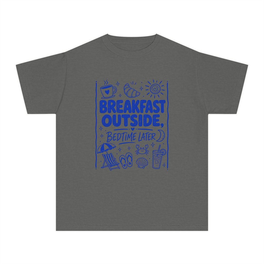 Breakfast Outside Bedtime Later Youth Tee – Kids' Comfort Colors Beach Vacation Shirt in Pepper – flat lay