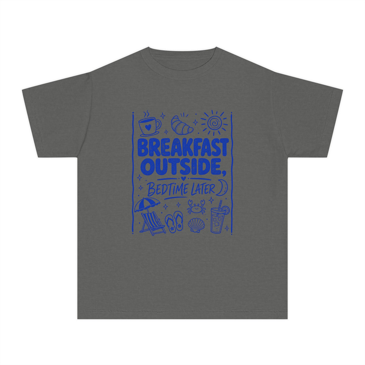 Breakfast Outside Bedtime Later Youth Tee – Kids' Comfort Colors Beach Vacation Shirt in Pepper – flat lay