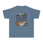 Lake Days Long Dinners Youth Tee – Kids' Comfort Colors Lake Vacation Shirt in Blue Jean – flat lay