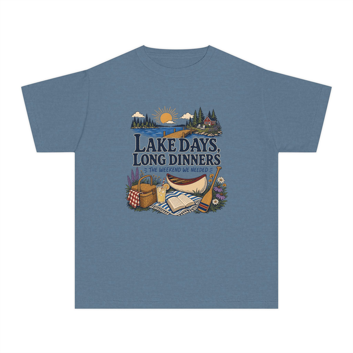 Lake Days Long Dinners Youth Tee – Kids' Comfort Colors Lake Vacation Shirt in Blue Jean – flat lay