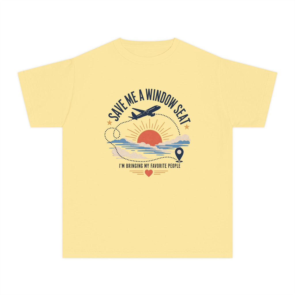 Save Me a Window Seat Youth Tee – Kids' Comfort Colors Family Travel Shirt in Butter – flat lay