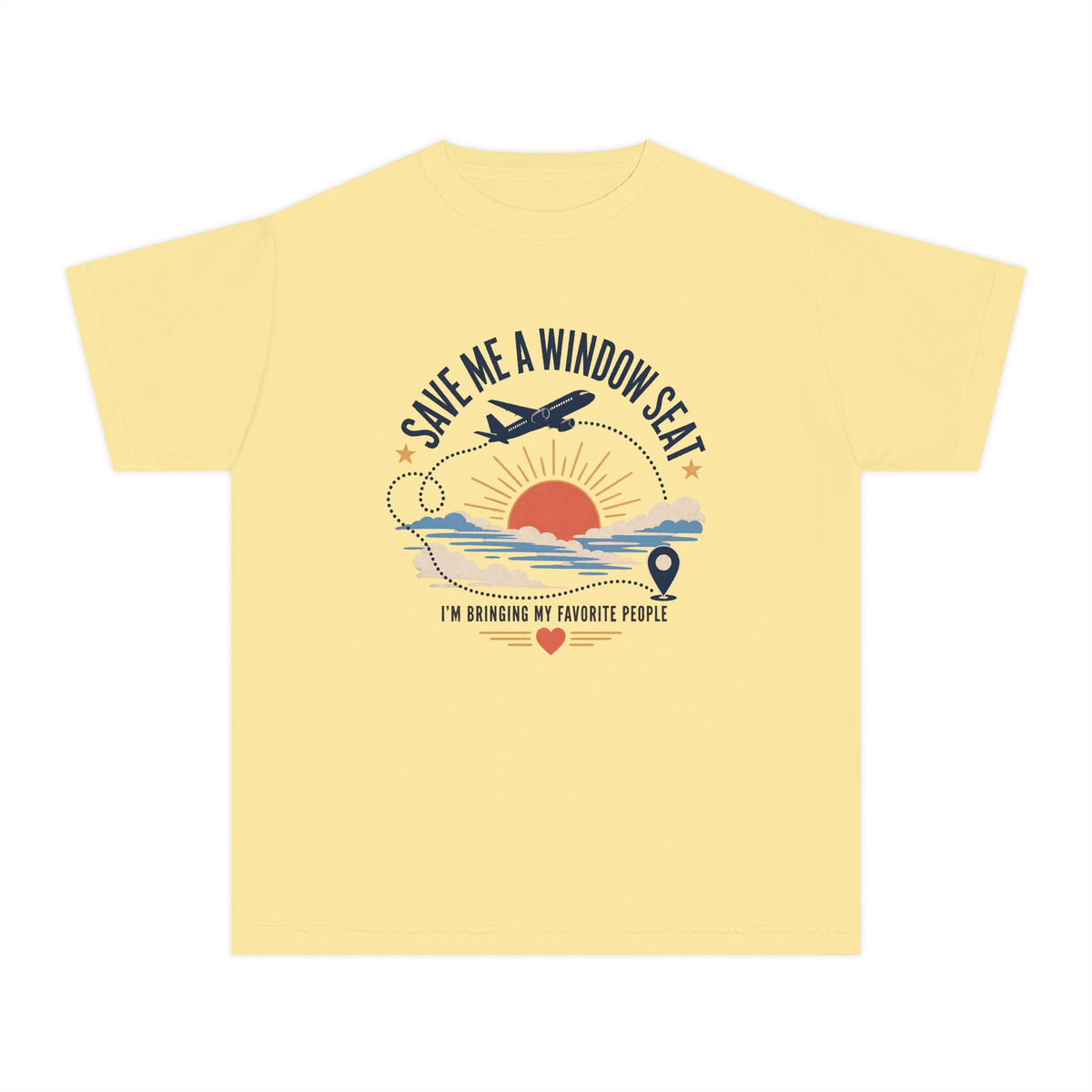 Save Me a Window Seat Youth Tee – Kids' Comfort Colors Family Travel Shirt in Butter – flat lay