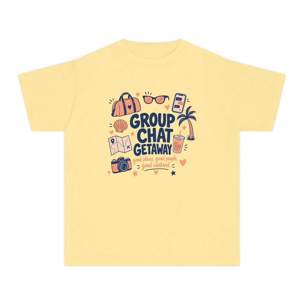 Group Chat Getaway Youth Tee – Kids' Comfort Colors Family Getaway Shirt in Butter – flat lay