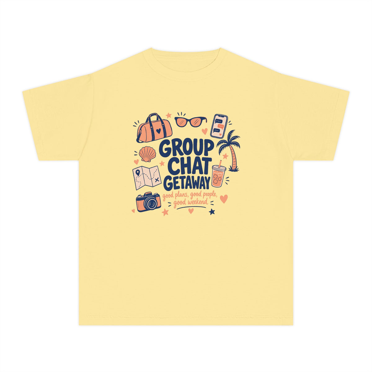 Group Chat Getaway Youth Tee – Kids' Comfort Colors Family Getaway Shirt in Butter – flat lay