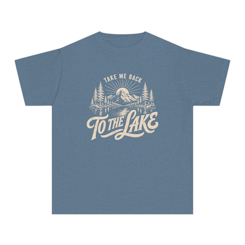 Take Me Back to the Lake Youth Tee – Kids' Comfort Colors Lake Vacation Shirt in Blue Jean – flat lay