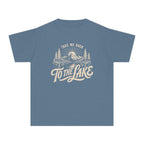 Take Me Back to the Lake Youth Tee – Kids' Comfort Colors Lake Vacation Shirt in Blue Jean – flat lay