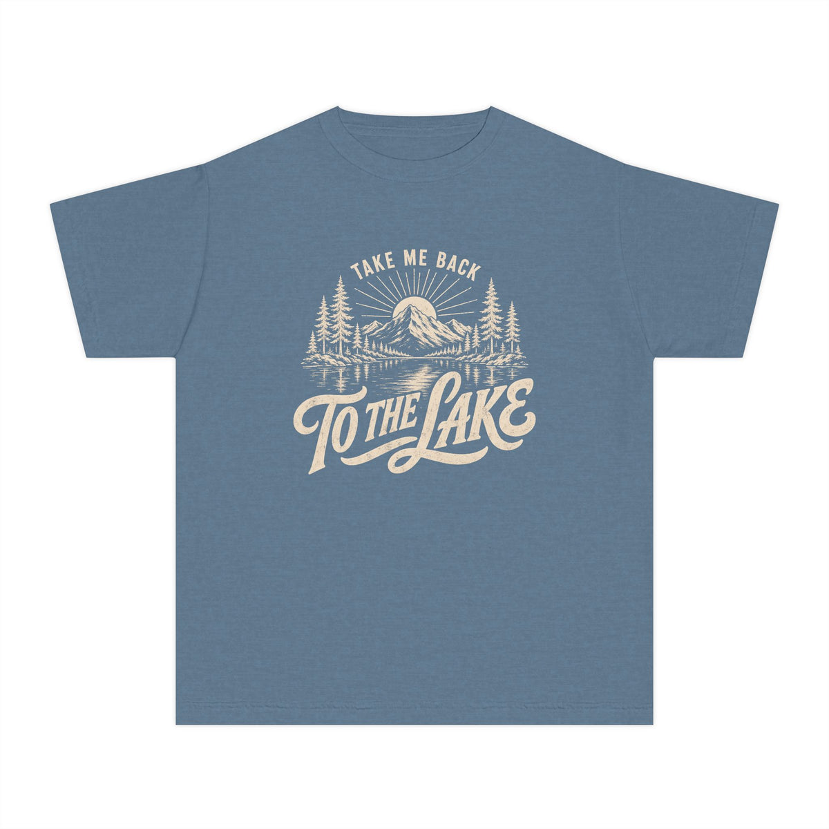 Take Me Back to the Lake Youth Tee – Kids' Comfort Colors Lake Vacation Shirt in Blue Jean – flat lay