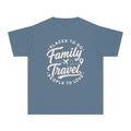 Family Travel Places to Go People to Love Youth Tee – Kids' Comfort Colors Family Travel Shirt in Blue Jean – flat lay