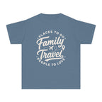 Family Travel Places to Go People to Love Youth Tee – Kids' Comfort Colors Family Travel Shirt in Blue Jean – flat lay