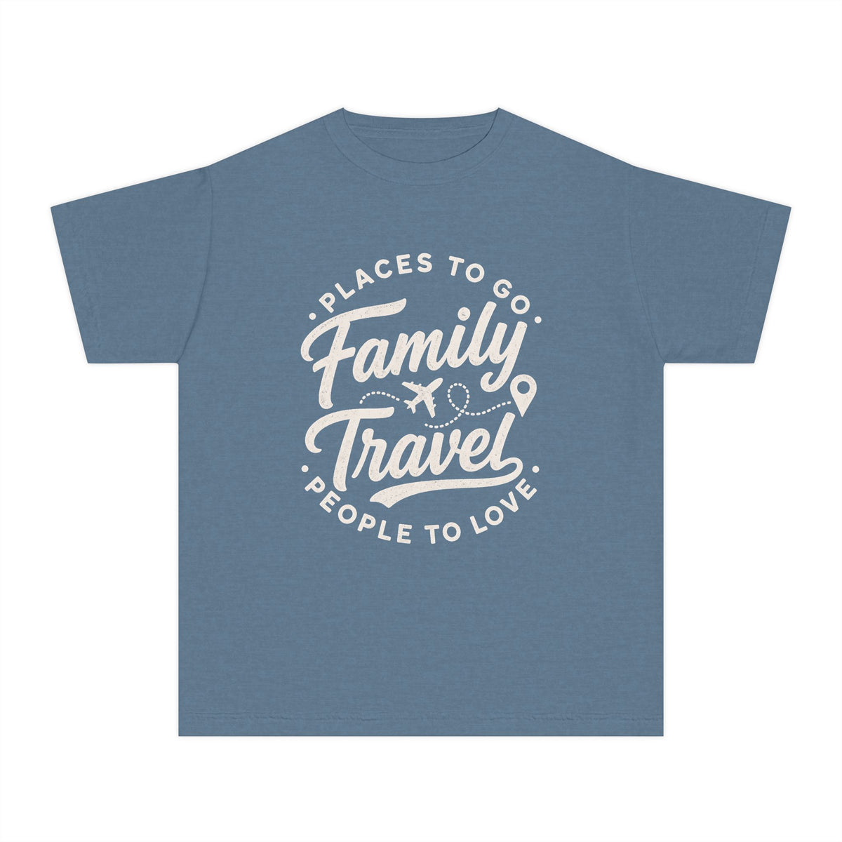 Family Travel Places to Go People to Love Youth Tee – Kids' Comfort Colors Family Travel Shirt in Blue Jean – flat lay