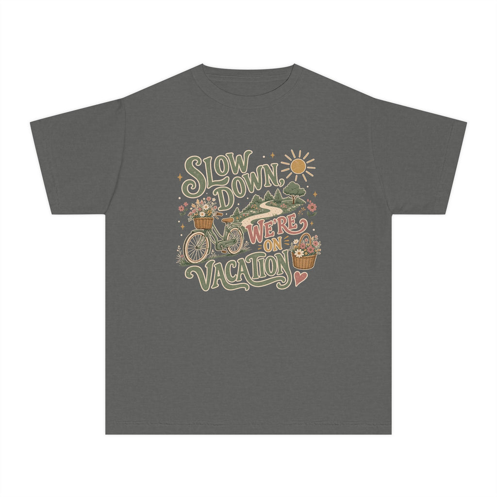 Slow Down We're on Vacation Youth Tee – Kids' Comfort Colors Travel Shirt in Pepper – flat lay