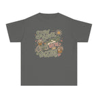 Slow Down We're on Vacation Youth Tee – Kids' Comfort Colors Travel Shirt in Pepper – flat lay