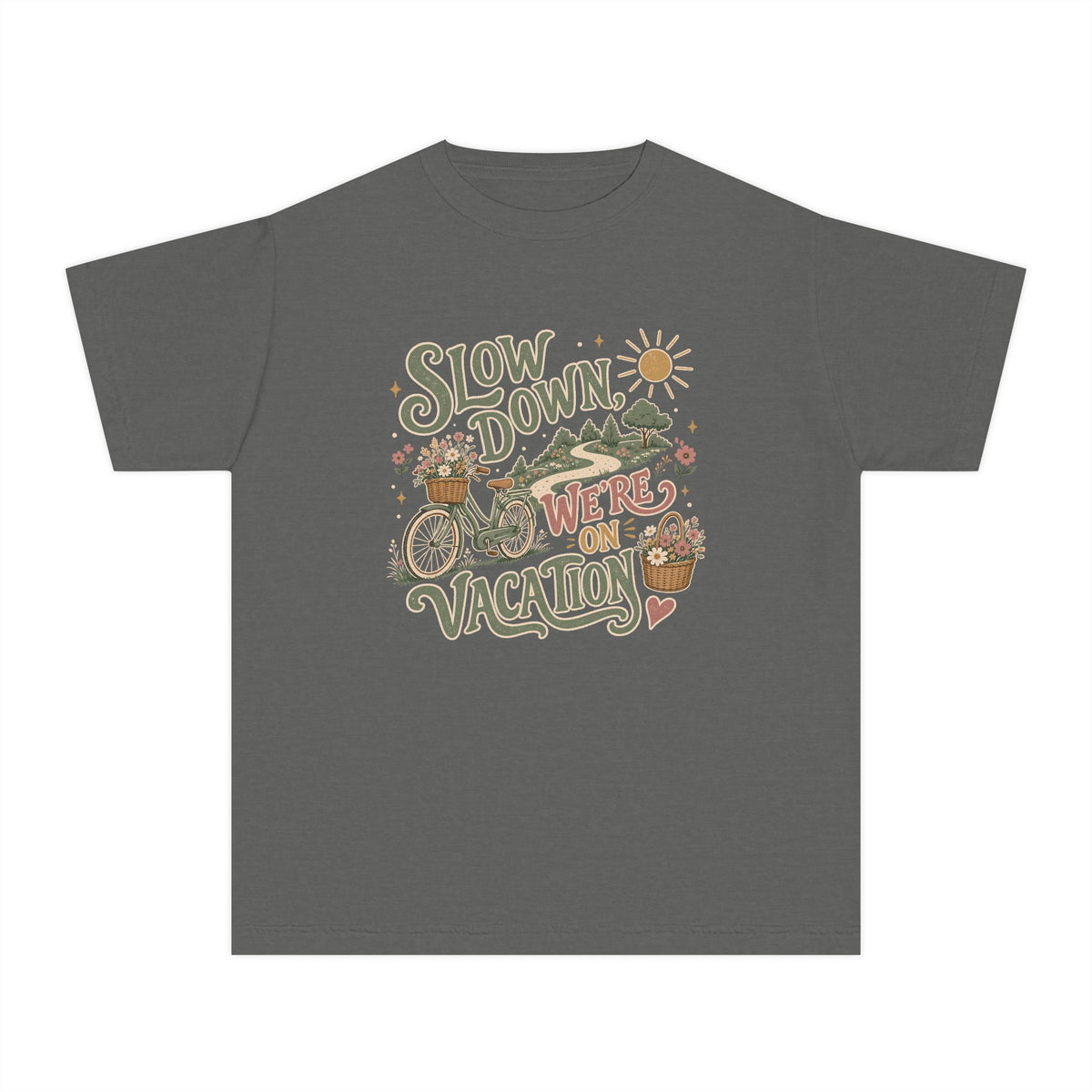Slow Down We're on Vacation Youth Tee – Kids' Comfort Colors Travel Shirt in Pepper – flat lay