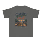 Dock First Everything Else Later Youth Tee – Kids' Comfort Colors Lake Vacation Shirt in Pepper – flat lay