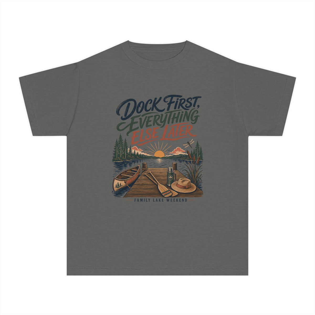 Dock First Everything Else Later Youth Tee – Kids' Comfort Colors Lake Vacation Shirt in Pepper – flat lay