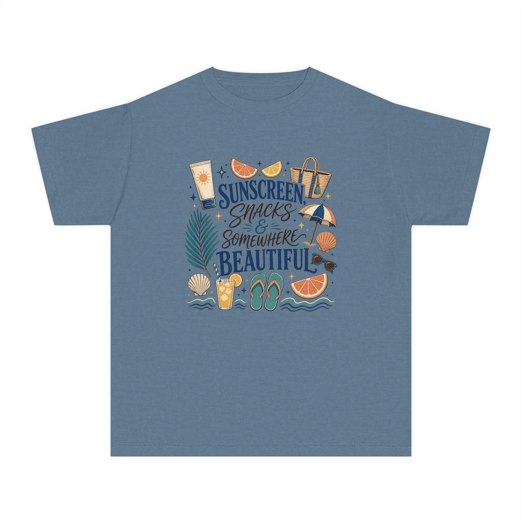 Sunscreen Snacks and Somewhere Beautiful Youth Tee – Kids' Comfort Colors Beach Vacation Shirt in Blue Jean – flat lay