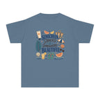 Sunscreen Snacks and Somewhere Beautiful Youth Tee – Kids' Comfort Colors Beach Vacation Shirt in Blue Jean – flat lay