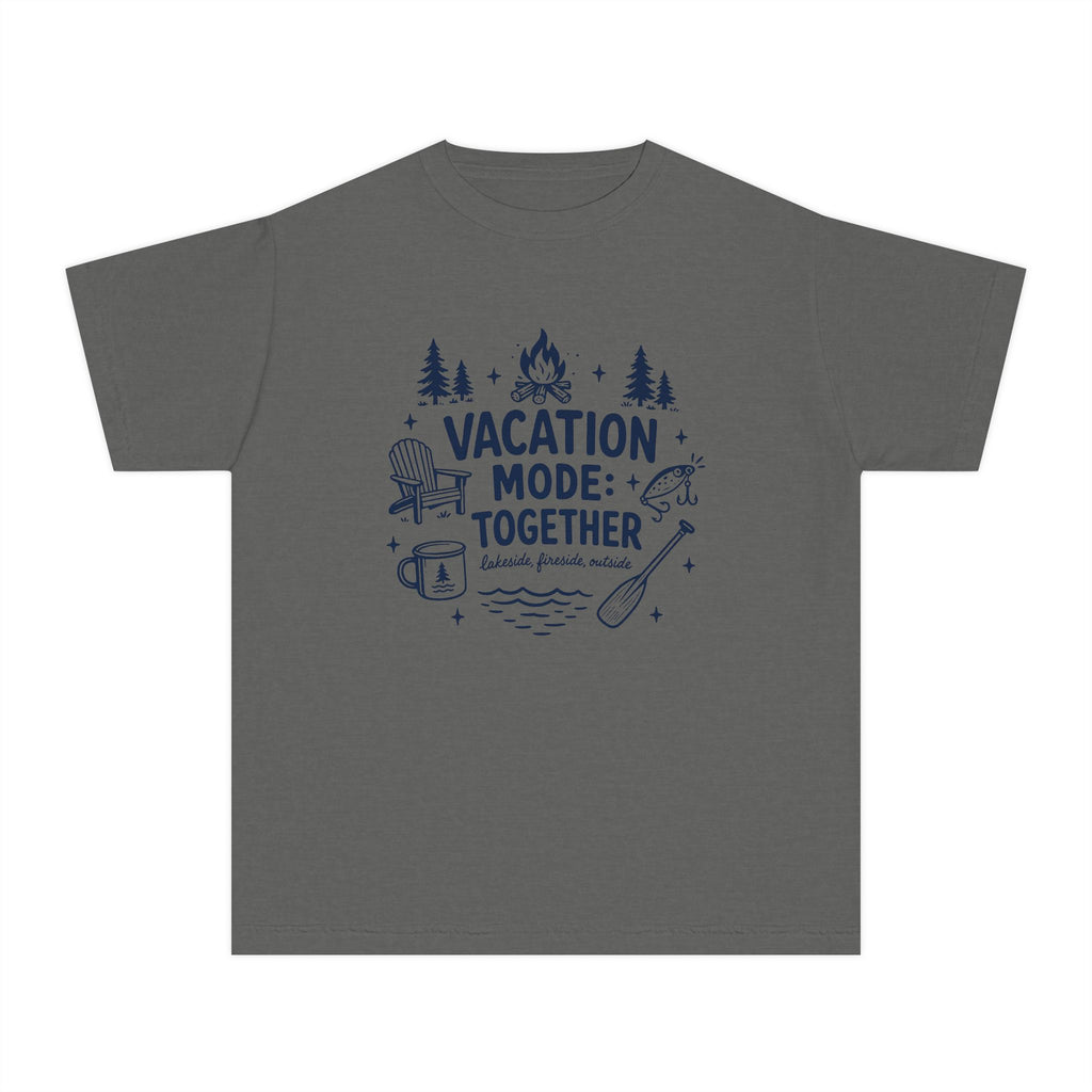 Vacation Mode Together Youth Tee – Kids' Comfort Colors Lake Vacation Shirt in Pepper – flat lay