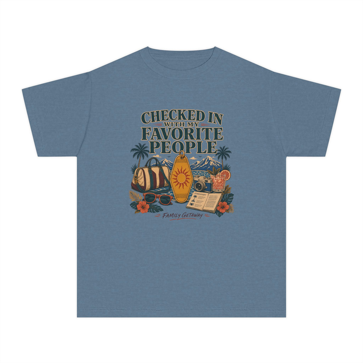 Checked In with My Favorite People Youth Tee – Kids' Comfort Colors Family Getaway Shirt in Blue Jean – flat lay