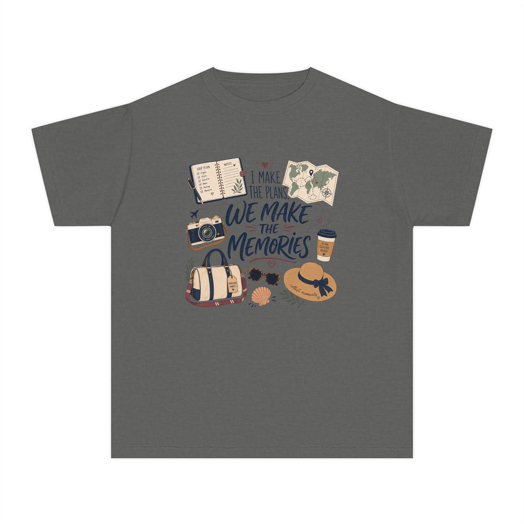 I Make the Plans We Make the Memories Youth Tee – Kids' Comfort Colors Family Travel Shirt in Pepper – flat lay