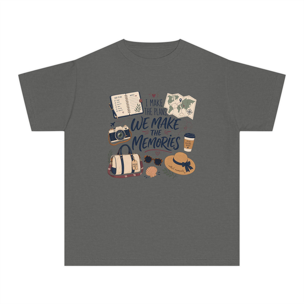 I Make the Plans We Make the Memories Youth Tee – Kids' Comfort Colors Family Travel Shirt in Pepper – flat lay