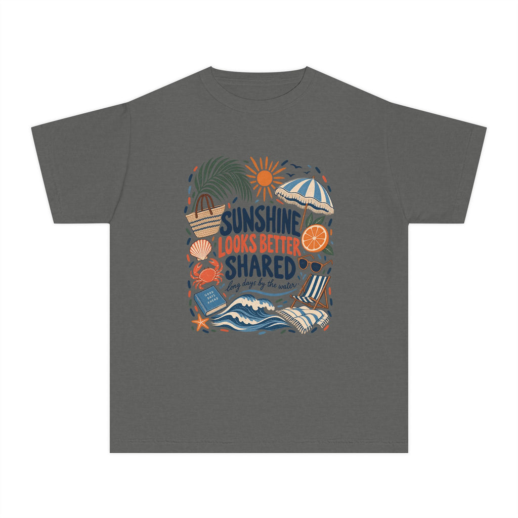 Sunshine Looks Better Shared Youth Tee – Kids' Comfort Colors Beach Vacation Shirt in Pepper – flat lay