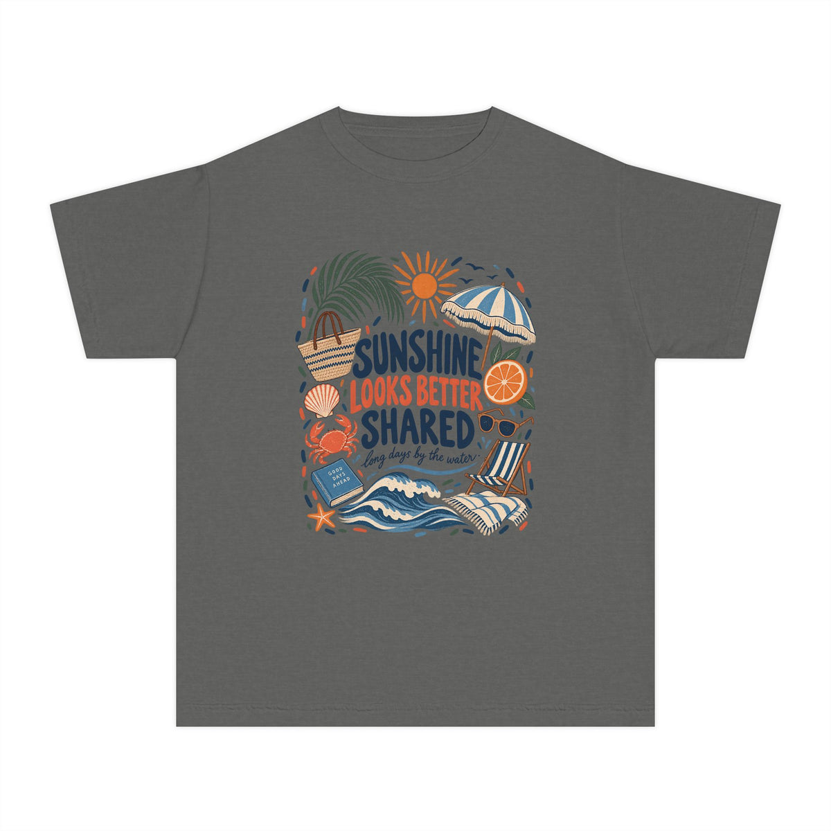 Sunshine Looks Better Shared Youth Tee – Kids' Comfort Colors Beach Vacation Shirt in Pepper – flat lay