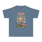 Up Up and Off We Go Youth Tee – Kids' Comfort Colors Hot Air Balloon Shirt in Blue Jean – flat lay