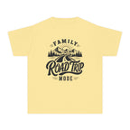 Family Road Trip Mode Youth Tee – Kids' Comfort Colors Road Trip Shirt in Butter – flat lay