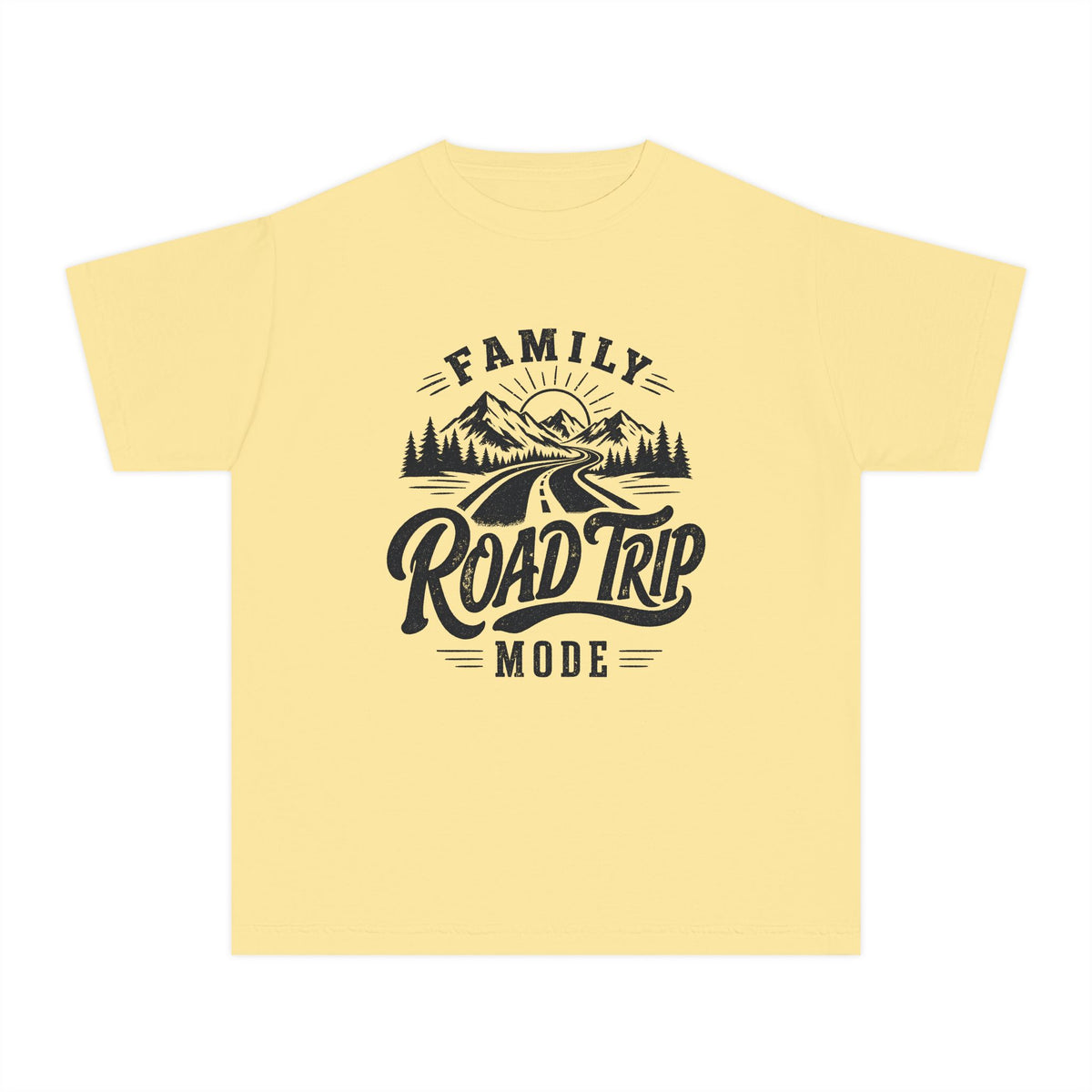 Family Road Trip Mode Youth Tee – Kids' Comfort Colors Road Trip Shirt in Butter – flat lay